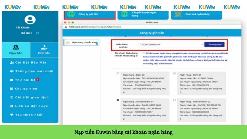 Nạp tiền Kuwin bằng tài khoản ngân hàng
